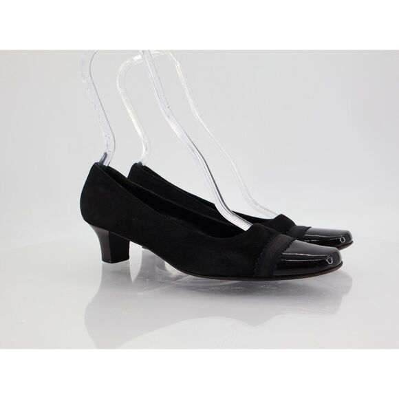 Salvatore Ferragamo Pump Women Size 7.5 B Black Suede Patent Cap Toe Square Toe - Picture 1 of 10